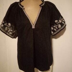 Old Navy Black Blouse with White Embroidery